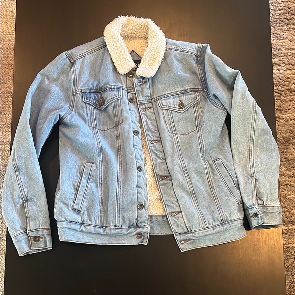RUDE Blue and White Denim Jacket with Cozy Sherpa Collar